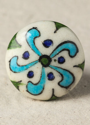 Well Designed White Ceramic Dresser Cabinet Knob With Turquoise And Blue Design