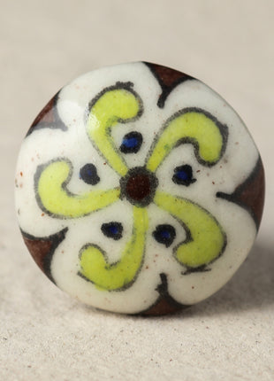 Vintage White Ceramic Kitchen Cabinet Knob With Lime Green And Blue Design