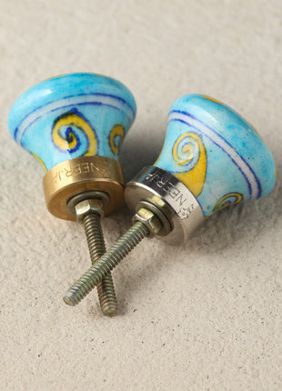 Yellow And Turquoise Designer Ceramic Blue Pottery Kitchen Cabinet Knob