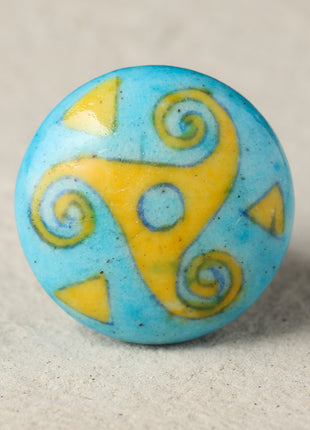 Yellow And Turquoise Designer Ceramic Blue Pottery Kitchen Cabinet Knob