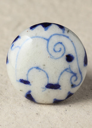 Stylish White Ceramic Blue Pottery Knob With Handmade Blue Elephant Design
