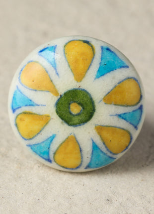 Elegant White Ceramic Blue Pottery Door Knob With Yellow And Turquoise Floral Print