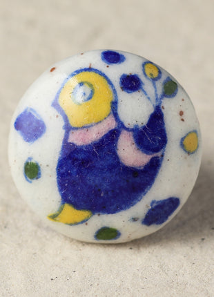 White Ceramic Blue Pottery Knob With Hand Painted Bird Design