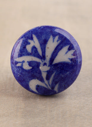 Blue Ceramic Door Knob With Hand Painted White Floral Print