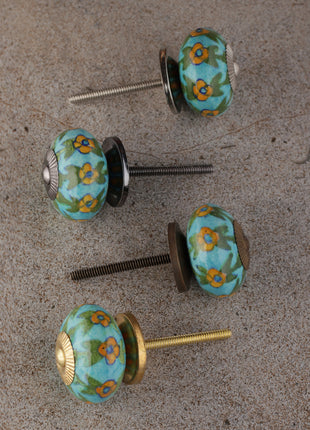 Yellow Flower And Leaf Design On Turquoise Ceramic Dresser Cabinet Knob
