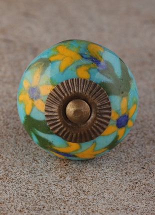 Yellow Flower And Green Leaf Design On Turquoise Bathroom Cabinet Knob