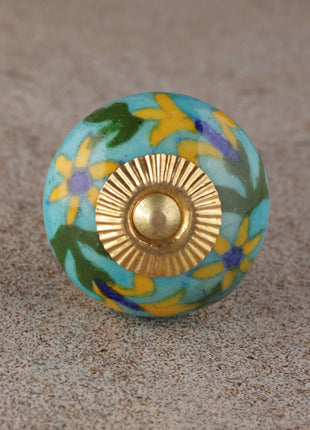 Yellow Flower And Green Leaf Design On Turquoise Bathroom Cabinet Knob