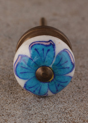 Turquoise Flower On White Ceramic Kitchen Cabinet Knob