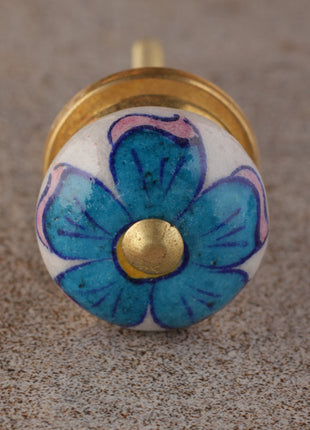 Turquoise Flower On White Ceramic Kitchen Cabinet Knob