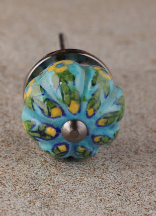 Turquoise Base Ceramic Bathroom Cabinet Knob With Yellow Flowers