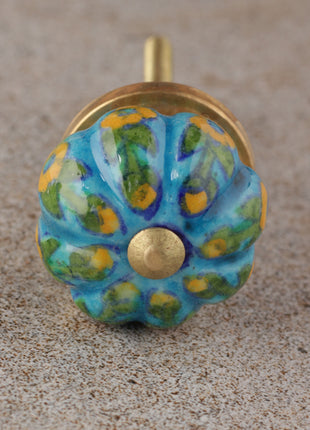 Turquoise Base Ceramic Bathroom Cabinet Knob With Yellow Flowers