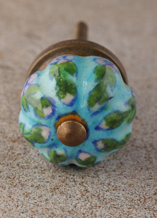 Multicolor Flower And Leaf Design On Turquoise Ceramic Door Knob