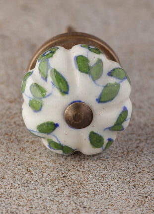 Green Leaf Pattern On White Ceramic Bathroom Cabinet Knob