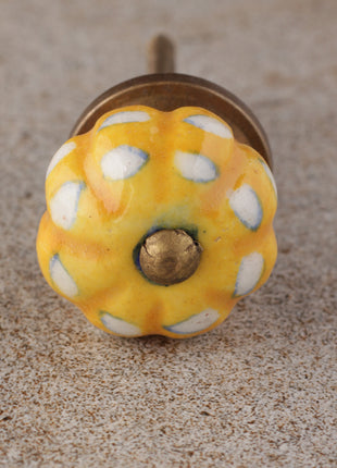 Vintage Yellow Ceramic Melon Shaped Cupboard Knob With White Print