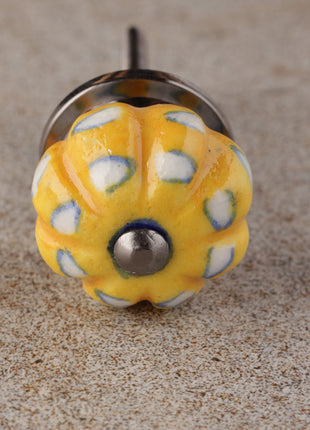 Vintage Yellow Ceramic Melon Shaped Cupboard Knob With White Print