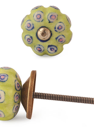 Lime Green Ceramic Dresser Cabinet Knob With White And Pink Design
