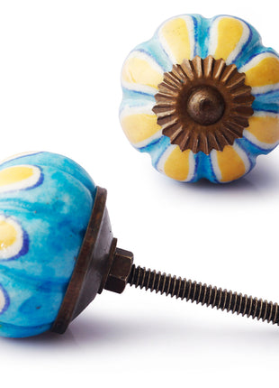 Yellow Flower On Turquoise Base Melon Shaped Cupboard Knob