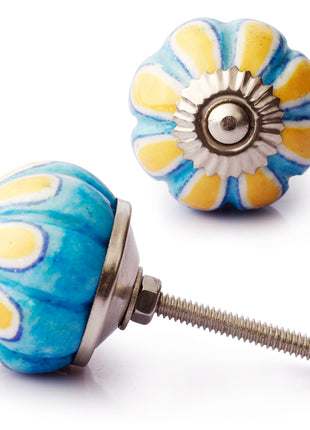 Yellow Flower On Turquoise Base Melon Shaped Cupboard Knob