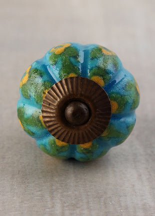 Yellow Flower and Green Leafs with Turquoise Base Ceramic Door Knob