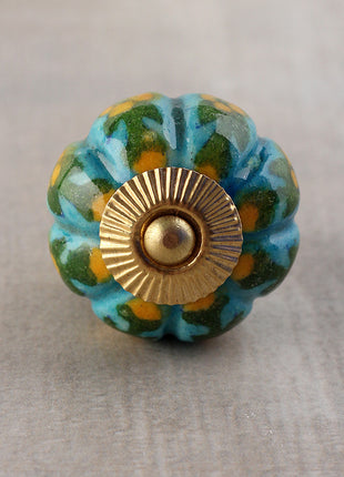 Yellow Flower and Green Leafs with Turquoise Base Ceramic Door Knob