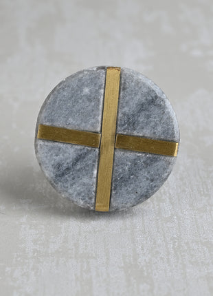 Round Marbled Stone and Brass Cross Line Cupboard Door Knob | Circular Stone and Golden Brass Drawer Knobs