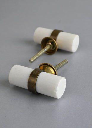 Antique Brass and Marble Stone White Cylinder Shape Cabinet Drawer Knob
