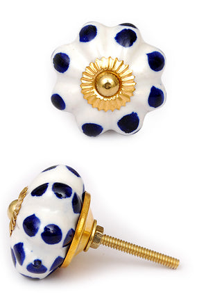 White Flower Shaped Kitchen Cabinet Knob With Blue Polka Dots