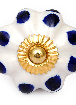 White Flower Shaped Kitchen Cabinet Knob With Blue Polka Dots