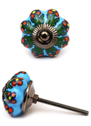 Turquoise Flower Shaped Ceramic Door Knob With Multicolor Print