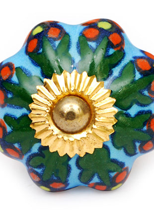 Turquoise Flower Shaped Ceramic Door Knob With Multicolor Print