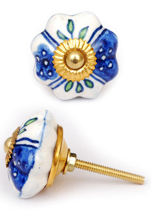 Elegant White Base Ceramic Cabinet Knob With Blue Design