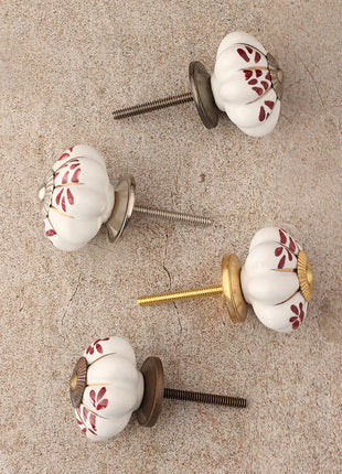 White Floral Designer Cabinet Knob With Red Print