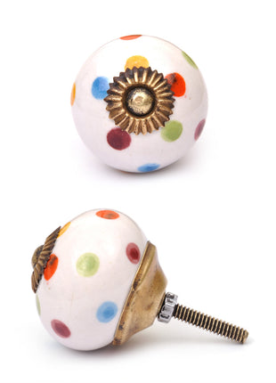 White Round Cabinet Knob With Multicolor Polka Dots