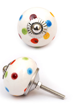 White Round Cabinet Knob With Multicolor Polka Dots