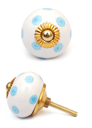 White Round Cabinet Drawer Knob With Turquoise Polka Dots
