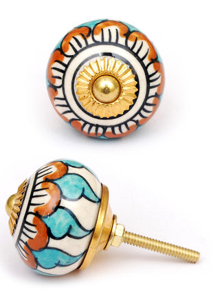 White Ceramic Knob With Turquoise And Brown flowers