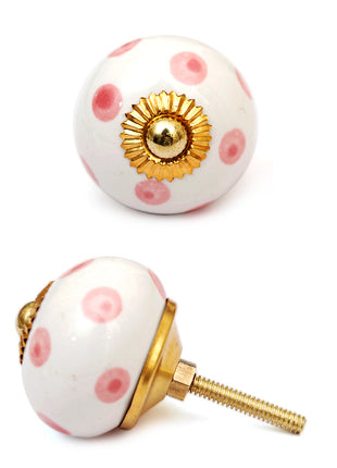 White Round Ceramic Drawer Knob With Pink Polka Dots