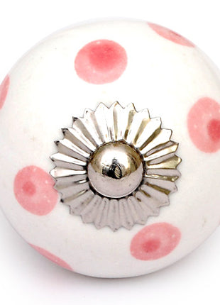 White Round Ceramic Drawer Knob With Pink Polka Dots