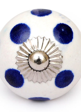 Ceramic White Kitchen Cabinet Knob With Blue Polka Dots