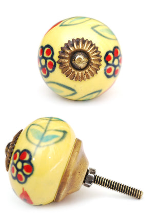 Yellow Round Kitchen Cabinet Knob With Red Flowers