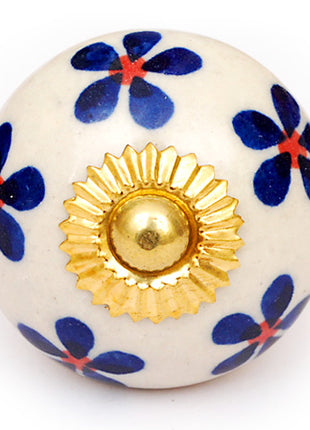 White Cabinet Knob With Blue Flowers