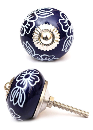 Designer Blue Ceramic Knob With Handpainted White Flowers