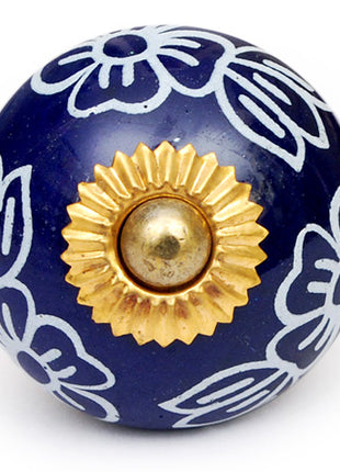 Designer Blue Ceramic Knob With Handpainted White Flowers
