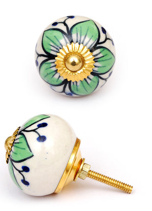 White Base Cabinet Knob With Lime Green Flower