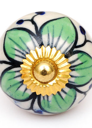 White Base Cabinet Knob With Lime Green Flower