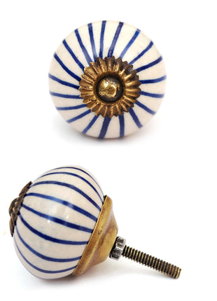 Blue Striped Ceramic Cabinet Door Knob With White Base