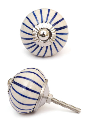 Blue Striped Ceramic Cabinet Door Knob With White Base