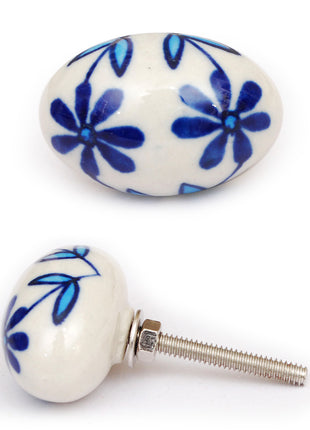White Oval Ceramic Knob With Handpainted Blue Flowers