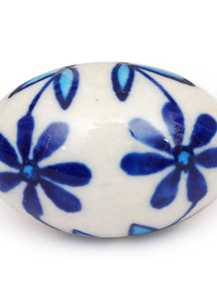 White Oval Ceramic Knob With Handpainted Blue Flowers