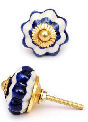 White Flower Shaped Ceramic Cabinet Knob with Blue Outline
